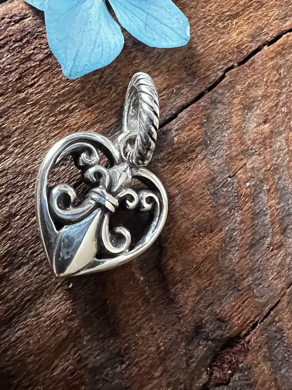 BRIGHTON Fleur de lis Heart Pendant Dangle French Lily Large Charm Silver Plated